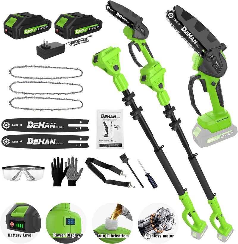 DEHANTOOLS 2 IN 1 Electric Pole Saw Brushless 21V Battery Chainsaw Cordless with Rotatable Pole 15FT Max Reach, Shoulder Strap, Powered Pole Saw for Tree Trimming and Wood Cutting Tool (Green) - Image 1
